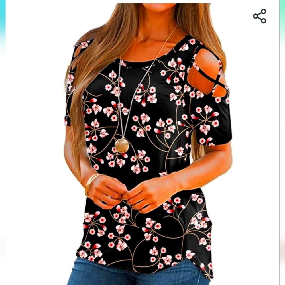 NILOUFO Womens Summer T  Short Sleeve Tunic Strappy Cold Shoulder Tops size xl